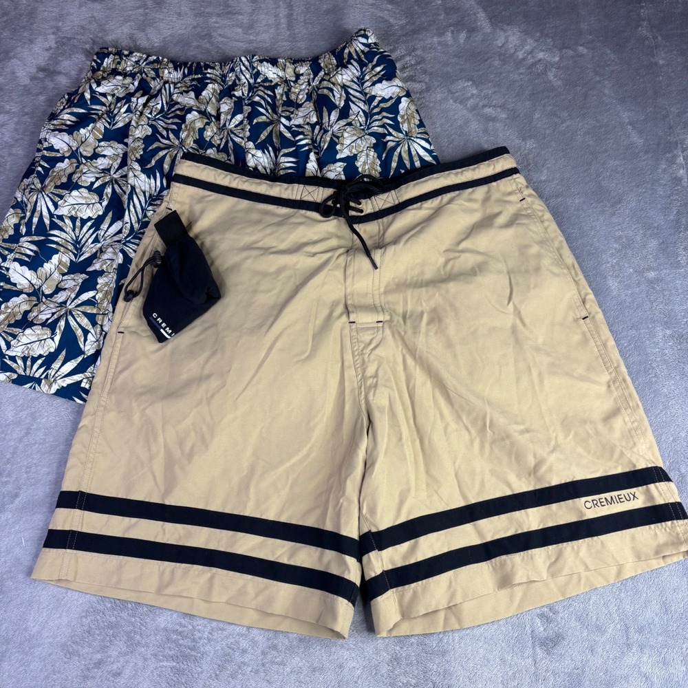 Cremieux Roundtree & Yorke Swim Trunks Mens L Tan Blue Tropical Striped Bundle 2